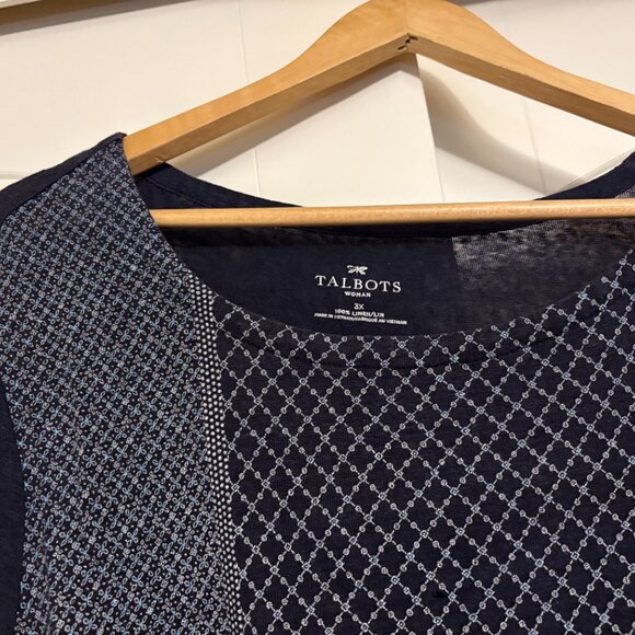 Talbots Woman Blue Floral Print Blouse 3X Short Sleeve 100% Linen Scoop Neck - Picture 2 of 3